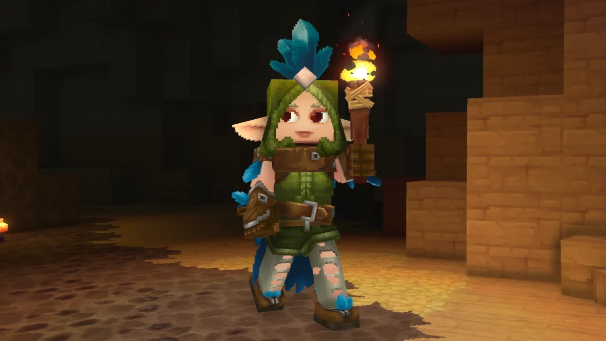 Personnage Hytale portant le Featherbound Set, un ensemble cosmétique exclusif avec plumes bleues et tenue d’exploration souterraine