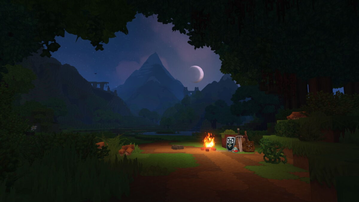 fond d'écran hytale campement nocturne éclairé par un feu de camp au cœur d’une forêt sous un ciel étoilé