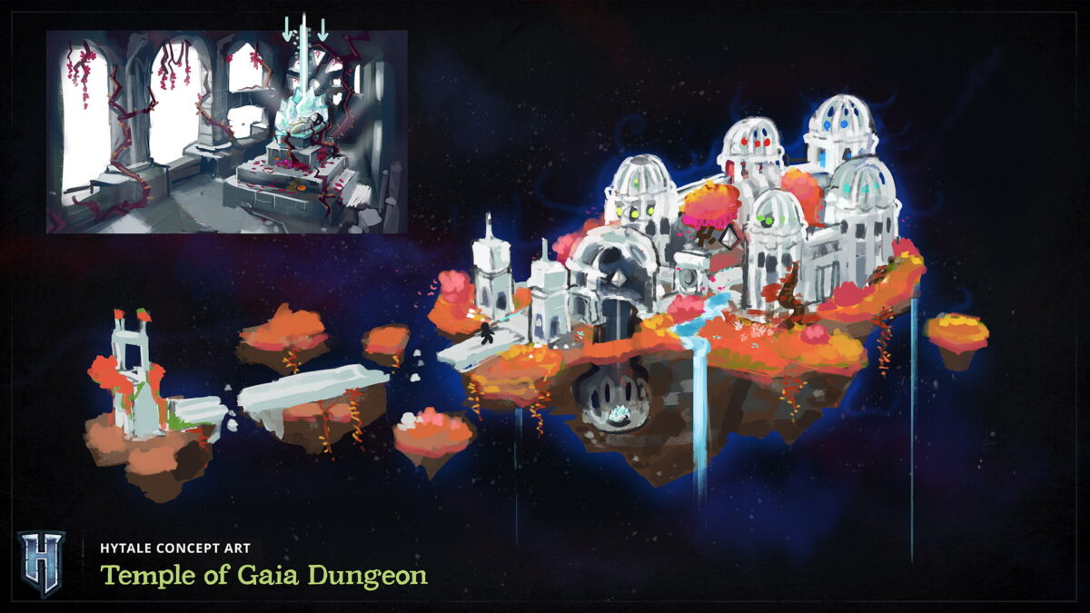 fond d'écran hytale concept art du donjon Temple de Gaia avec architecture flottante et végétation magique