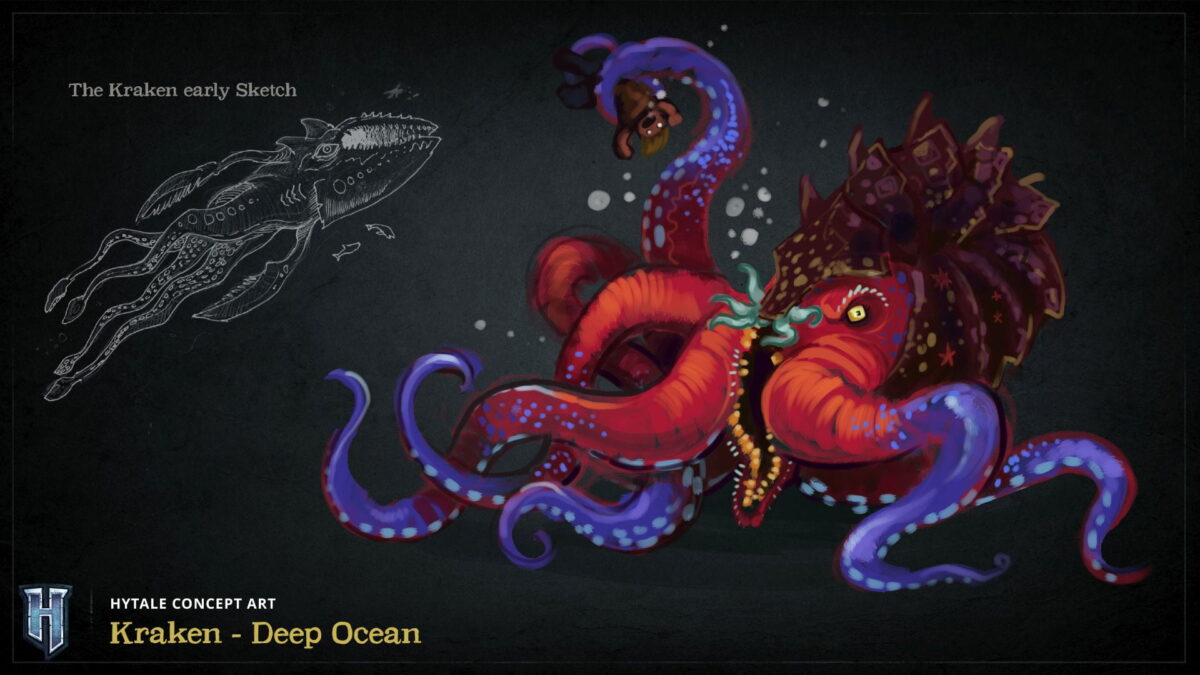 fond d'écran hytale concept art du kraken des profondeurs marines avec tentacules géantes et esquisses