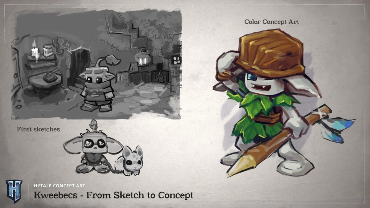 fond d'écran hytale concept art présentant l’évolution des kweebecs du croquis au design final en couleur