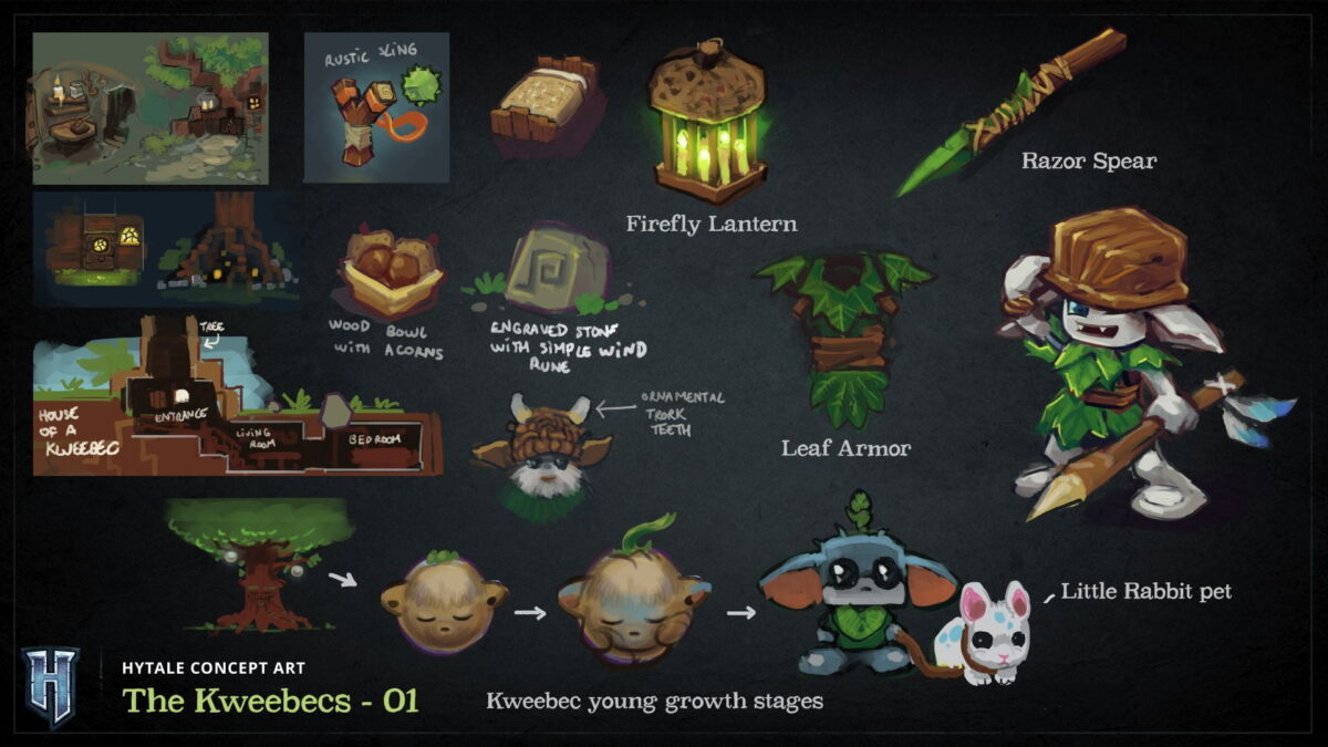 fond d'écran hytale concept art des kweebecs présentant objets, équipements et stades de croissance