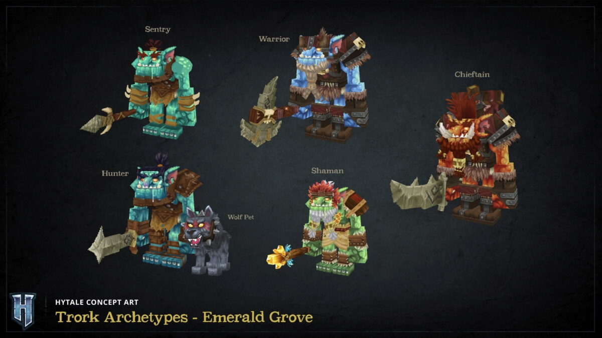 fond d'écran hytale concept art présentant les différents archétypes de trorks armés et équipés