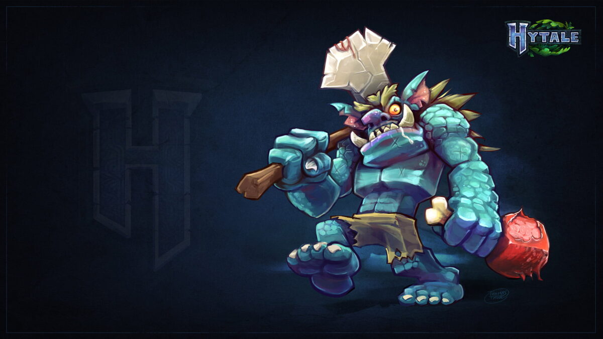 fond d'écran hytale créature monstrueuse bleue armée d'une masse dans un style fantasy