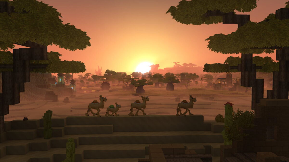 fond d'écran hytale désert aride avec caravanes de camélidés au coucher du soleil