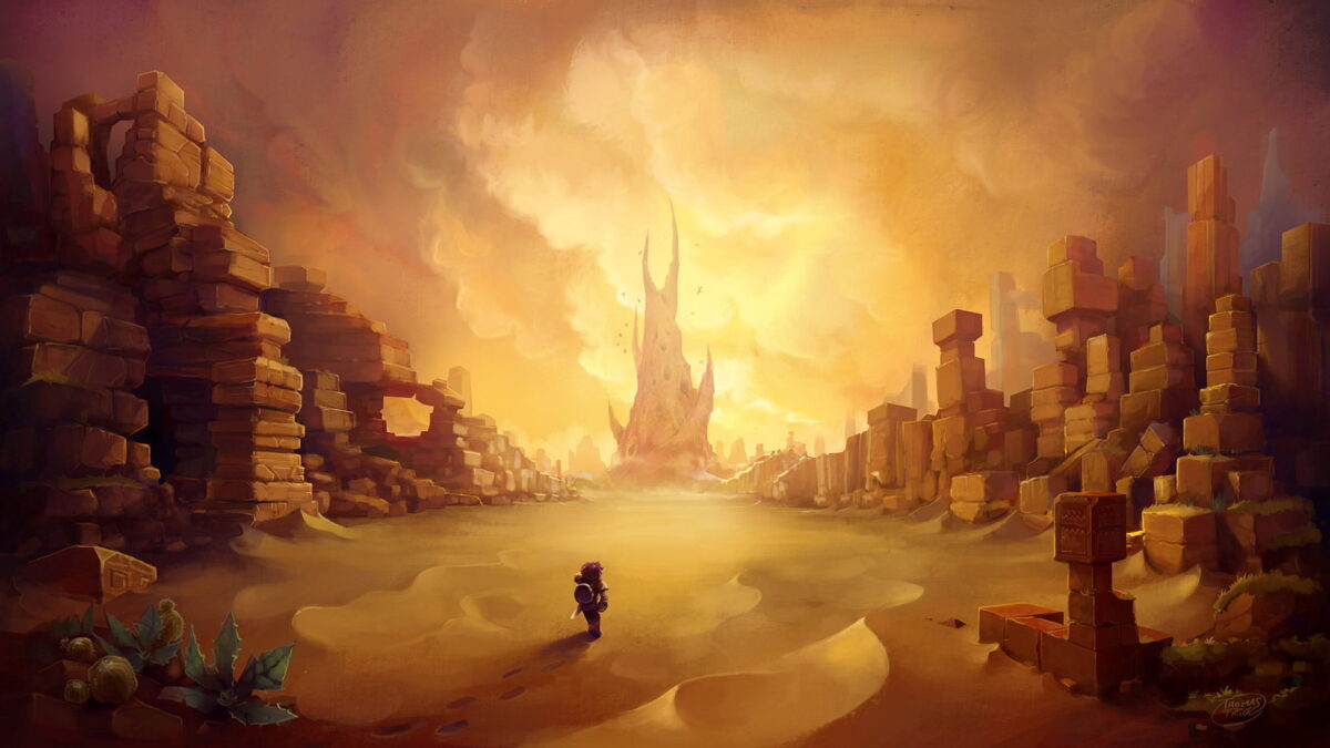 fond d'écran hytale désert rocheux avec ruines antiques, personnage solitaire et tour mystérieuse au loin