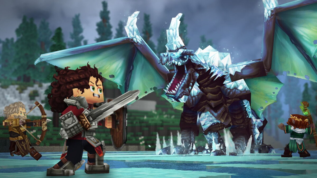 fond d'écran hytale combat épique contre un dragon de glace face à plusieurs aventuriers