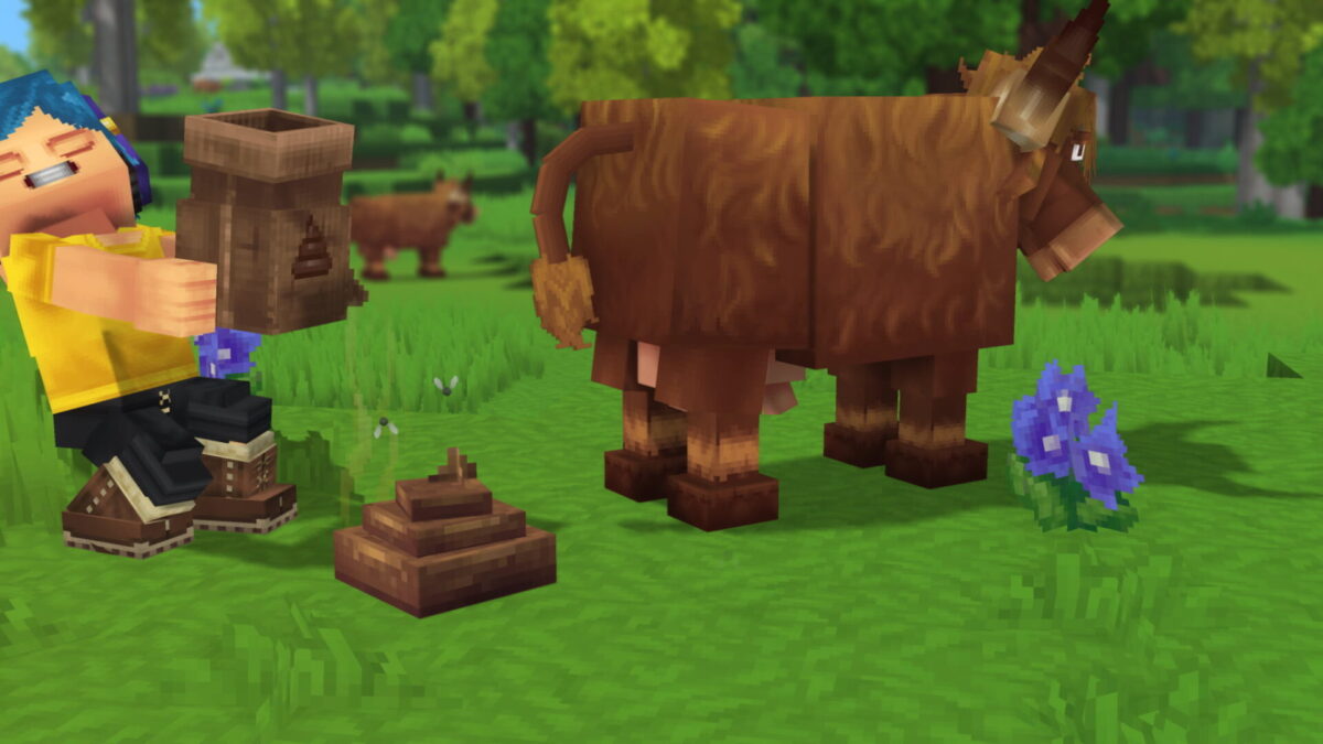 fond d'écran hytale scène de collecte avec personnage et animal d’élevage dans une prairie verdoyante