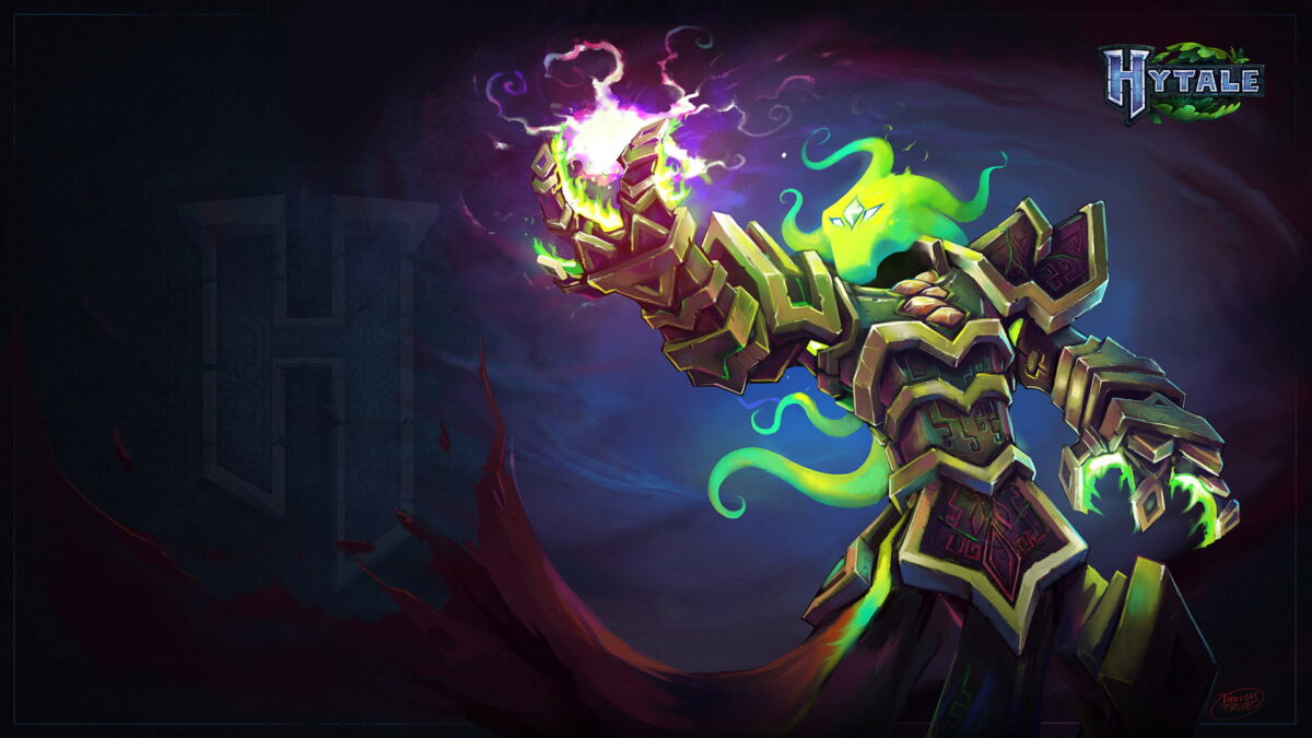 fond d'écran hytale entité magique invoquant une énergie verte et violette dans une scène sombre