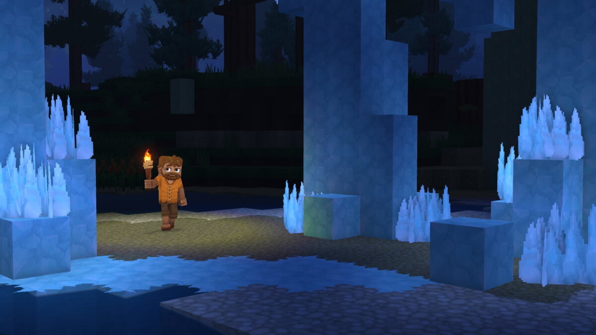 fond d'écran hytale exploration d'une grotte glacée avec stalagmites de glace et aventurier à la torche