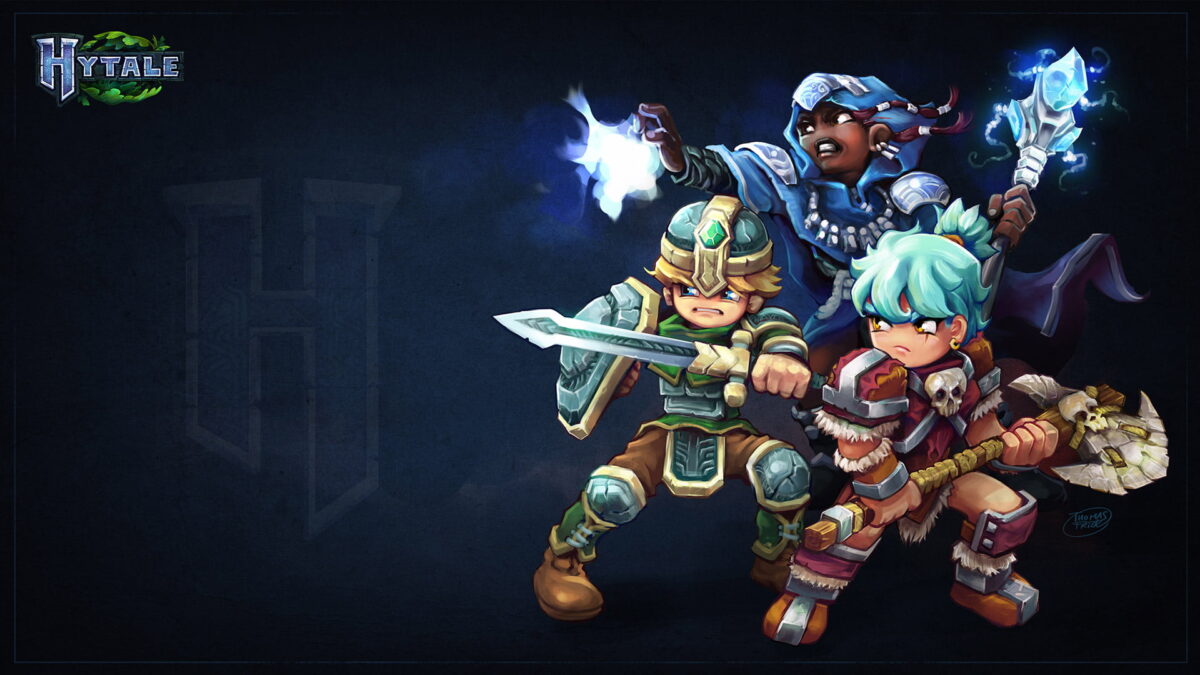 fond d'écran hytale groupe de héros armés prêts au combat dans un style illustré épique