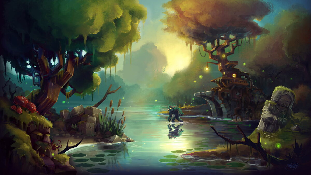 fond d'écran hytale marais fantastique avec créature humanoïde, arbres géants habités et eau brumeuse