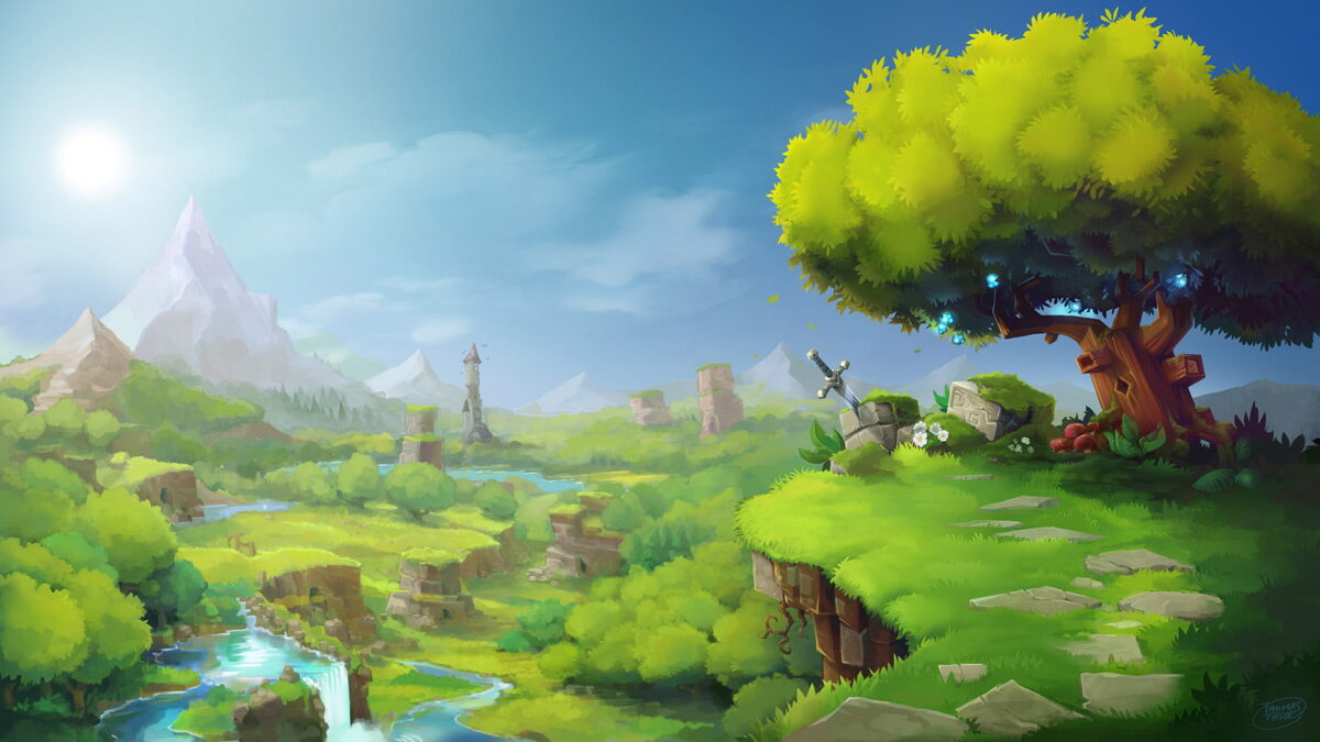 fond d'écran hytale paysage fantastique avec vallée verdoyante, rivière, ruines et arbre magique lumineux