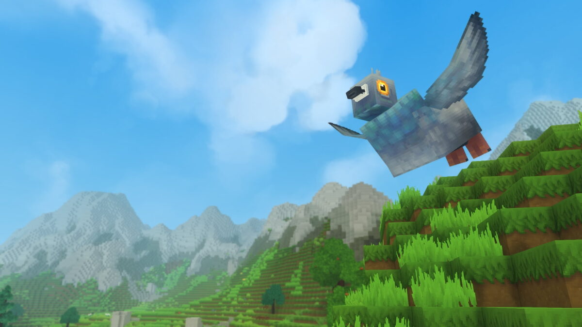 fond d'écran hytale pigeon volant au-dessus de collines verdoyantes et montagnes sous un ciel bleu