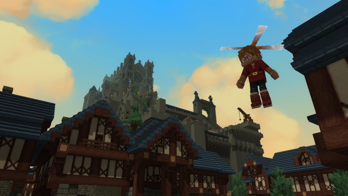 fond d'écran hytale ville médiévale avec personnage volant au-dessus des toits grâce à un helipack