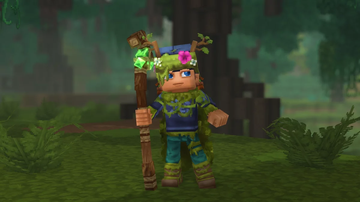 Personnage Hytale portant le Forest Guardian Set, un ensemble cosmétique exclusif de l’accès anticipé avec cape végétale et bâton lumineux