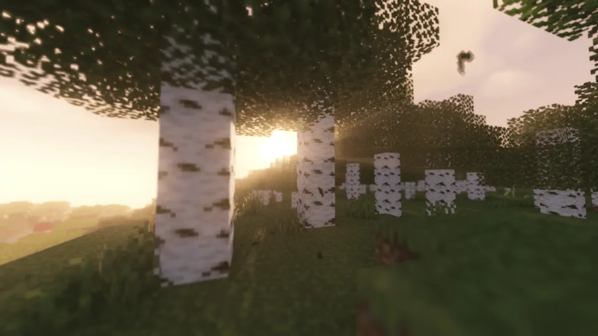 Forêt de bouleaux Minecraft baignée par une lumière dorée au lever du soleil, avec des rayons lumineux rendus par le shader LITE shaders MakeUp edit.
