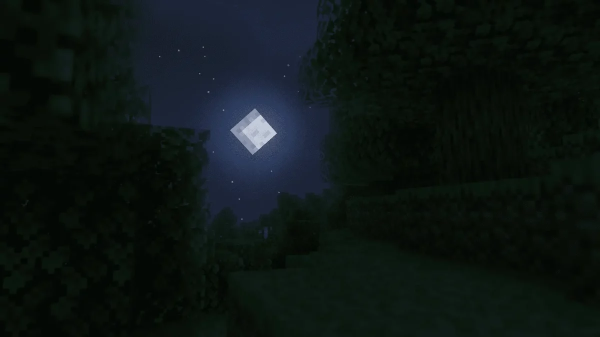 Paysage nocturne Minecraft sous la lune carrée, avec un ciel sombre et des étoiles visibles, rendu avec le shader LITE shaders MakeUp edit.
