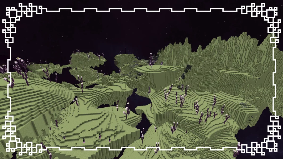 mod Minecraft Stellarity illustrant les nouvelles formes des îles de l’End, avec des volumes fragmentés et une topographie irrégulière