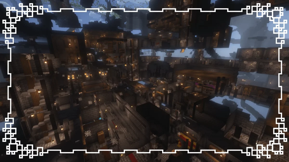 mod Minecraft Stellarity illustrant une forteresse de l’End gigantesque, composée de multiples niveaux, passerelles et salles imbriquées