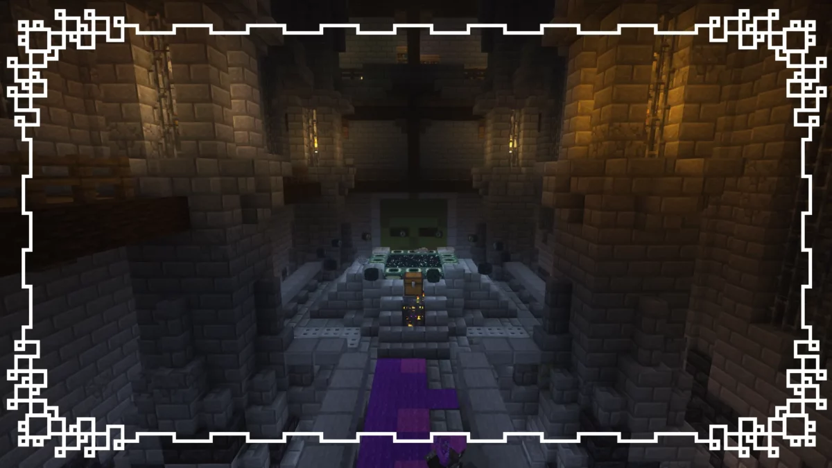 mod Minecraft Stellarity montrant une forteresse de l’End entièrement revisitée, avec une architecture massive et des Illageois protégeant le portail