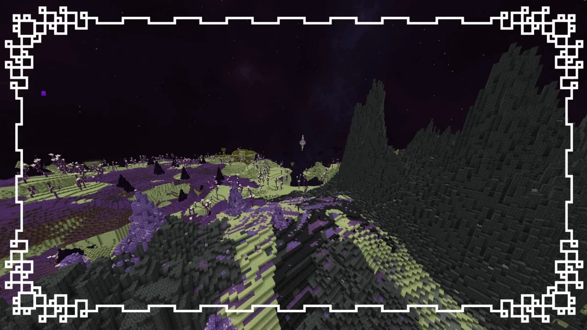 mod Minecraft Stellarity affichant la génération naturelle de l’End sans shaders, avec les biomes Crystal Crags, The Nest et End Midlands visibles