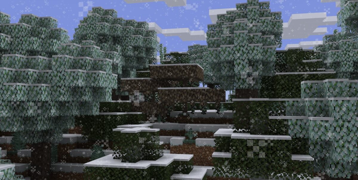 mod Minecraft Atmospheric illustrant des groseilles poussant sous les arbres dans une kousa jungle enneigée