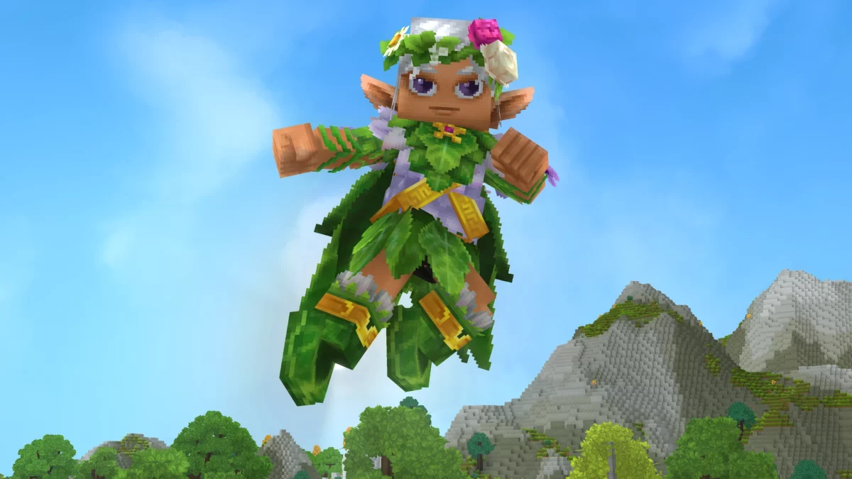 Personnage Hytale portant le Hope of Gaia Set, un ensemble cosmétique végétal avec couronne florale et cape inspirée de la nature