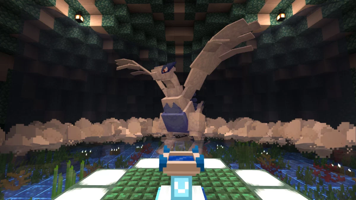 Île Tourbillon avec grotte légendaire de Lugia dans le mod Minecraft COBBLEVERSE, lieu de capture scénarisé