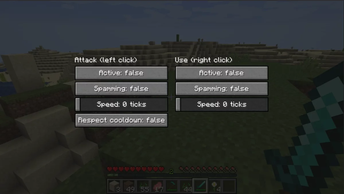 mod Minecraft Auto Clicker Fabric automatisation de l’action de minage avec maintien du clic gauche sur des blocs de terre