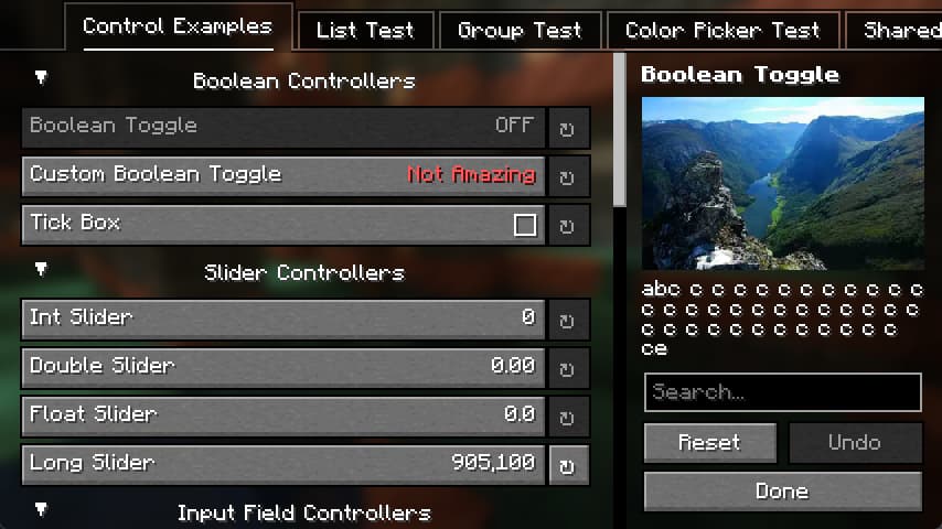 Interface de configuration du mod Minecraft YetAnotherConfigLib affichant différents contrôleurs de paramètres comme des interrupteurs, curseurs numériques et champs de saisie, organisés dans une interface proche du style vanilla.