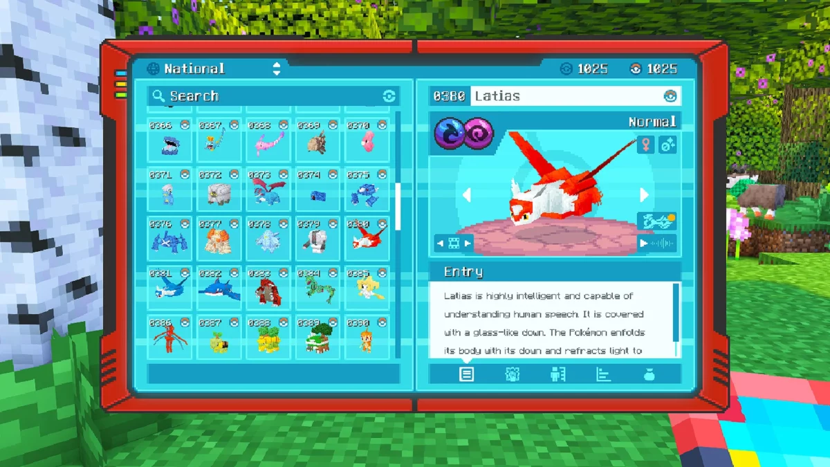 Interface du Pokédex national dans le mod Minecraft COBBLEVERSE affichant Latias et la progression complète des 1025 Pokémon