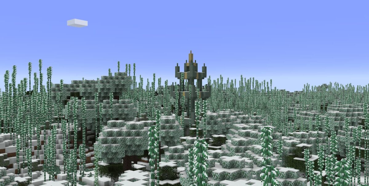 mod Minecraft Atmospheric montrant un sanctuaire en bois au cœur d’une kousa jungle enneigée