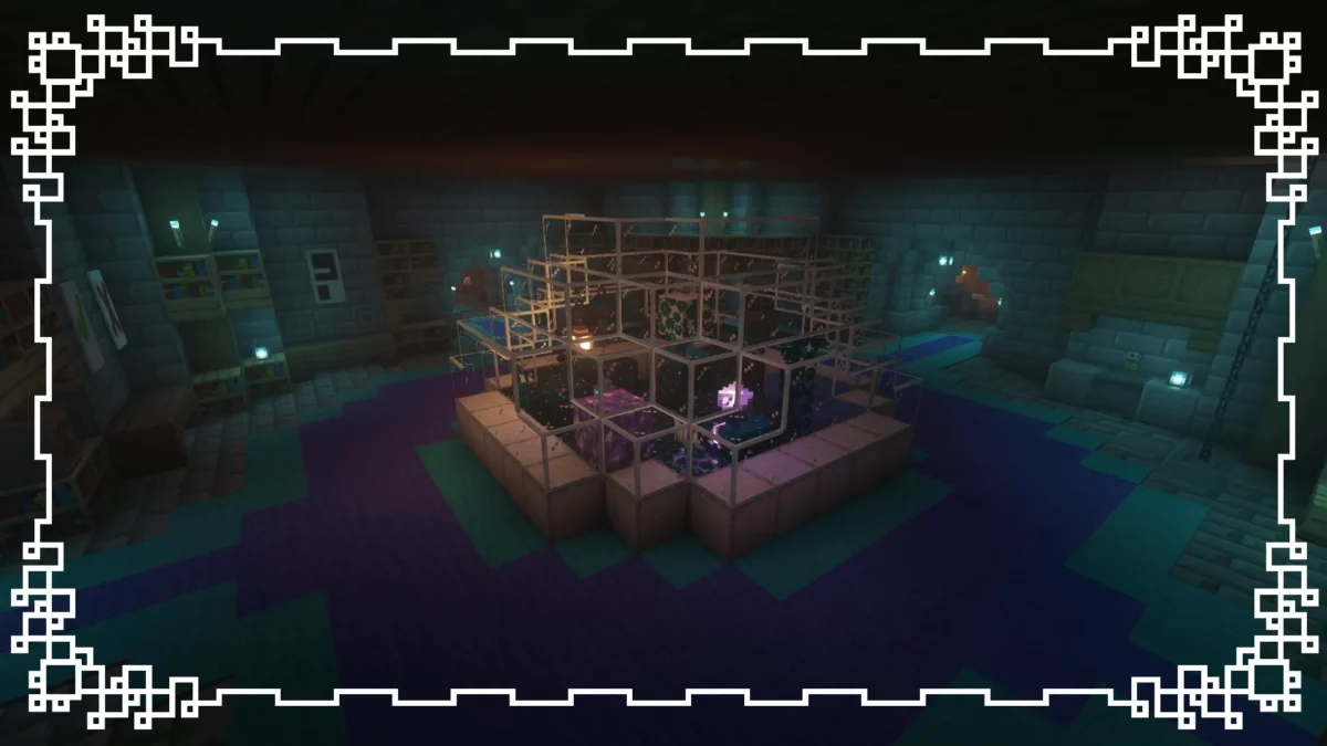 mod Minecraft Stellarity affichant un laboratoire sculk secret dissimulé dans une forteresse de l’End, avec des blocs expérimentaux et une ambiance rituelle