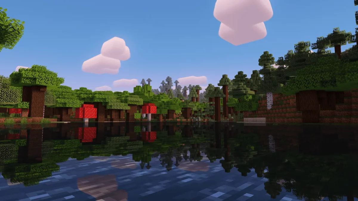 Lac Minecraft reflétant une forêt dense et un ciel bleu avec nuages épais, rendu avec le shader LITE shaders MakeUp edit.