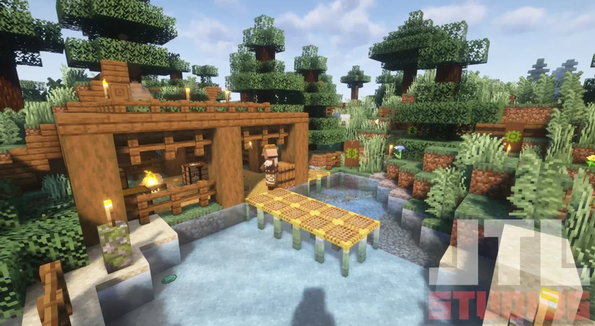 Maison de village de taïga retravaillée par le mod Minecraft Better Villages avec ponton en bois et intégration à un environnement forestier