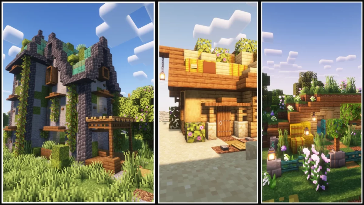 mod Minecraft MVS Moog’s Voyager Structures présentant une maison sous azalées, une habitation désertique et une cavité florale aménagée