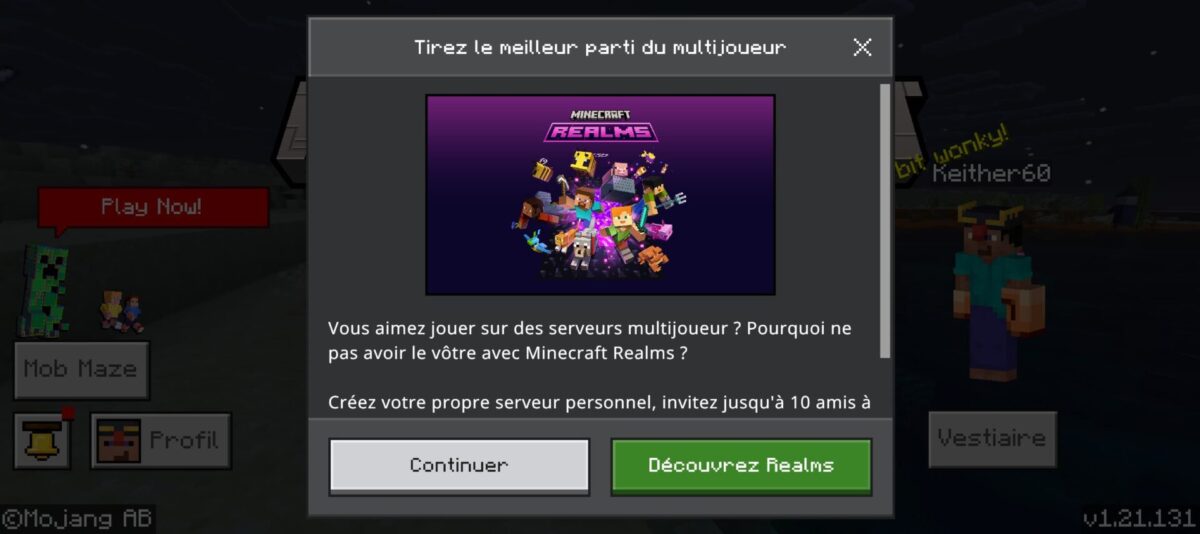 Fenêtre promotionnelle Minecraft Realms en français présentant un message neutre sur le multijoueur avec le bouton « Découvrez Realms », après modification de la communication de Mojang