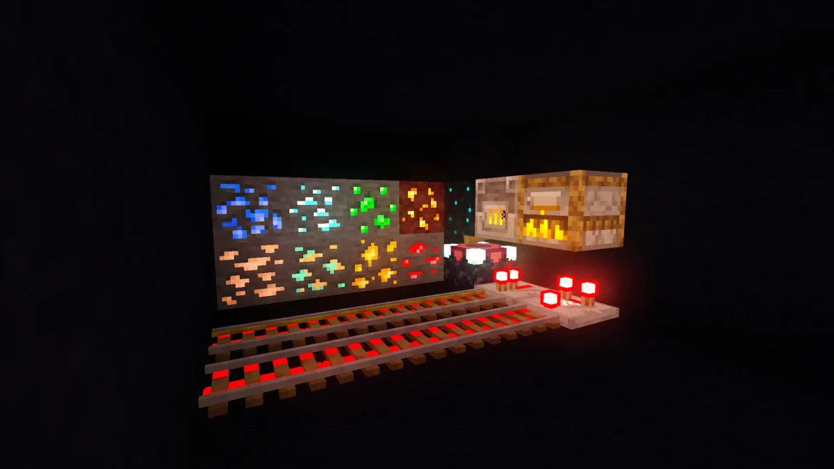 Blocs de minerais Minecraft affichés dans une pièce sombre, éclairés par des effets lumineux et reflets du shader LITE shaders MakeUp edit.