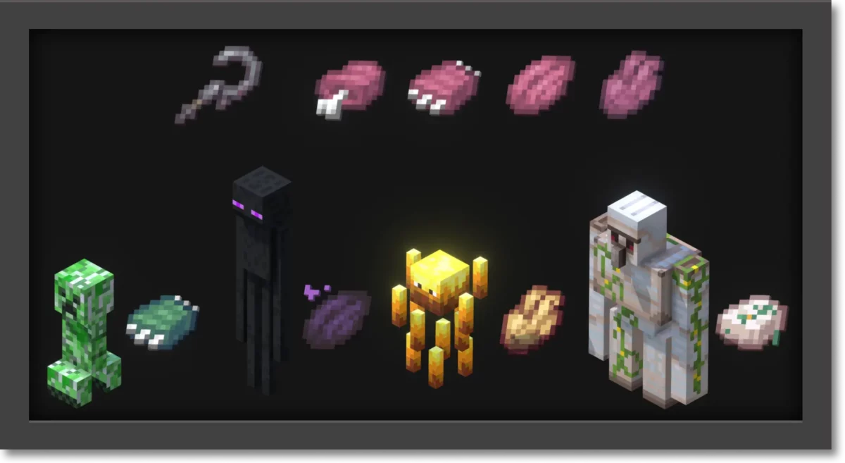 mod Minecraft Sons Of Sins montrant la récupération et la consommation d’organes de créatures pour obtenir des capacités temporaires liées aux mobs vaincus