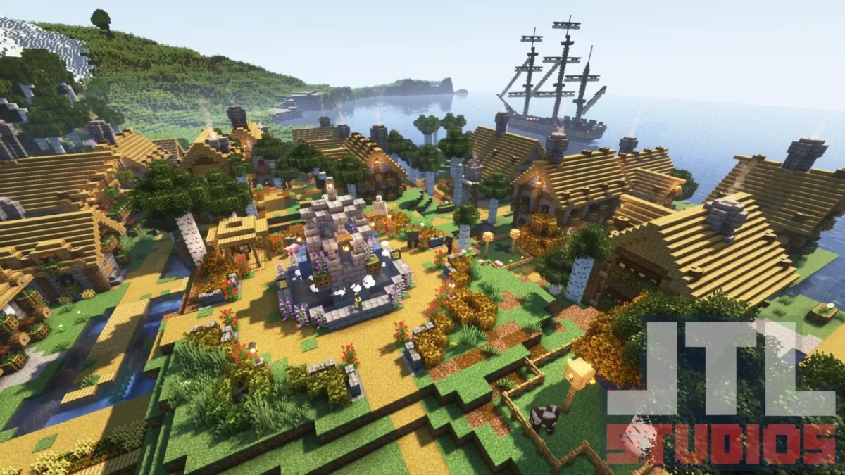 Organisation interne d’un village des plaines avec place centrale et habitations retravaillées par le mod Minecraft Better Villages