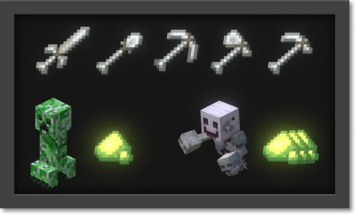 mod Minecraft Sons Of Sins présentant les outils osseux et la récupération d’Ether Ash après la mort des créatures, ressource centrale issue de l’âme des mobs vaincus