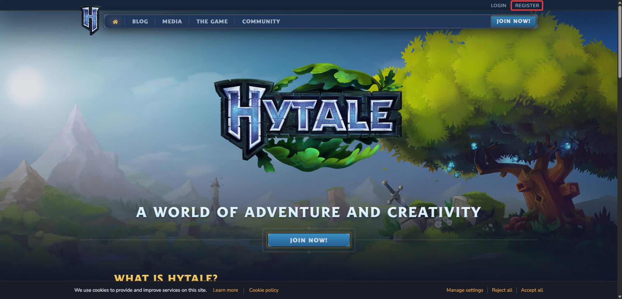 Page d’accueil officielle de Hytale montrant le bouton Register permettant de créer un compte