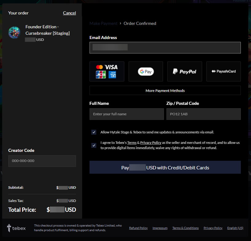 Interface de paiement Tebex pour l’achat de l’édition Cursebreaker de Hytale avec choix du moyen de paiement