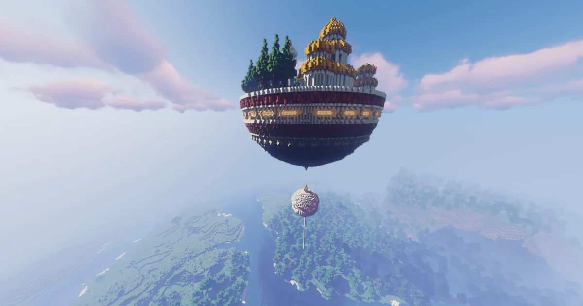 Plateforme céleste du Palais de Kami flottant dans le ciel, ajoutée par le mod Minecraft DragonMine Z avec architecture inspirée de Dragon Ball
