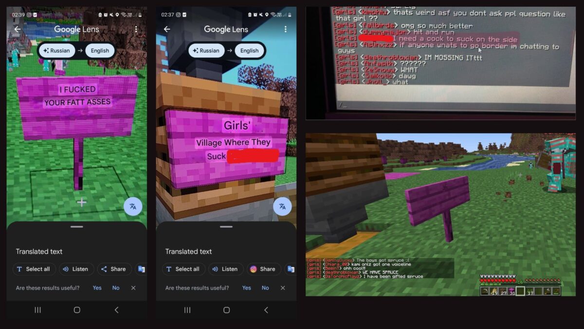 Captures de panneaux et messages insultants traduits, partagés par des participantes du camp féminin lors de l’événement Minecraft de MrBeast
