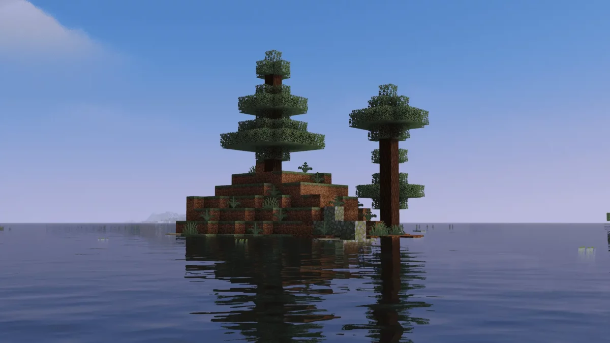 Petite île Minecraft avec deux sapins entourée d’une mer calme, reflétée par l’eau rendue avec le shader LITE shaders MakeUp edit.