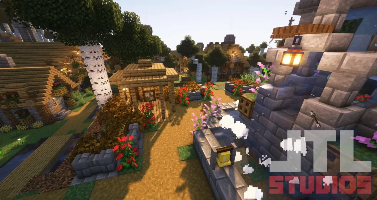 Chemin et place centrale d’un village des plaines amélioré par le mod Minecraft Better Villages avec végétation et éclairage retravaillés