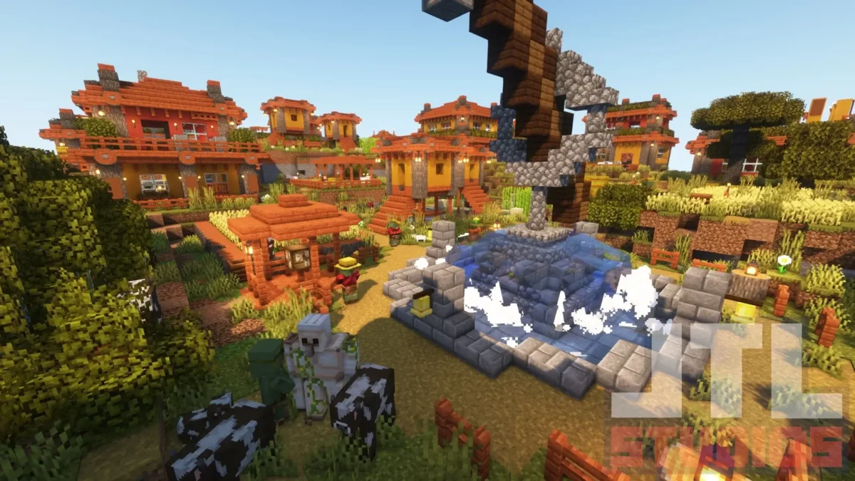 Place centrale d’un village de savane amélioré par le mod Minecraft Better Villages avec fontaine et habitations surélevées