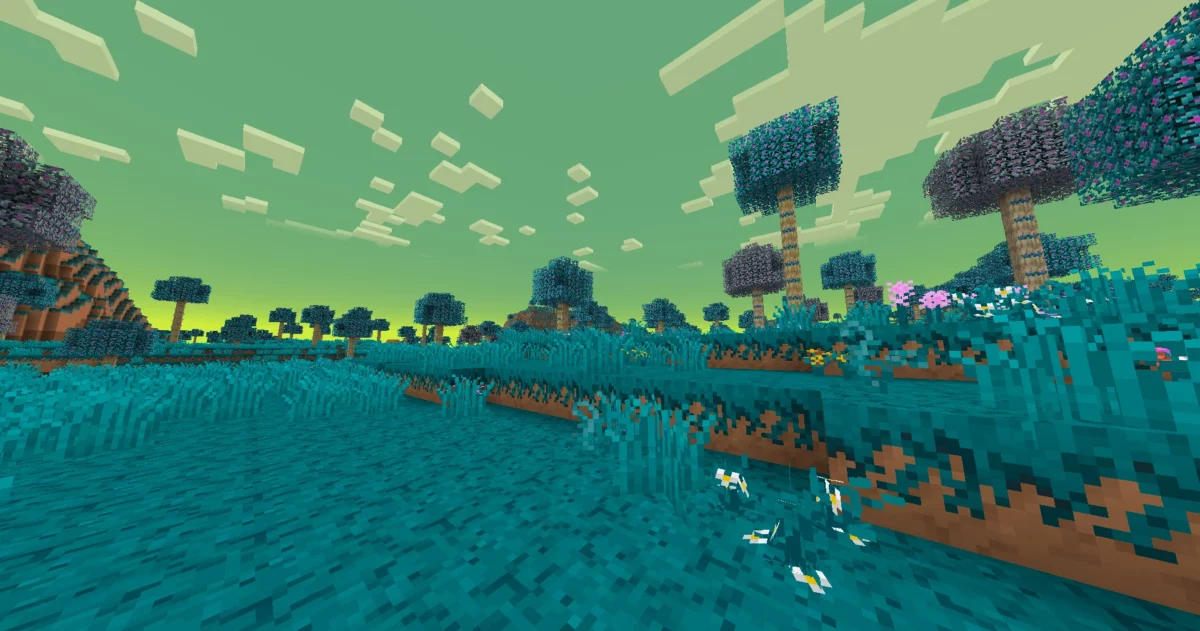 Paysage de la planète Namek avec vegetation coloree et ciel vert, biome exclusif du mod Minecraft DragonMine Z